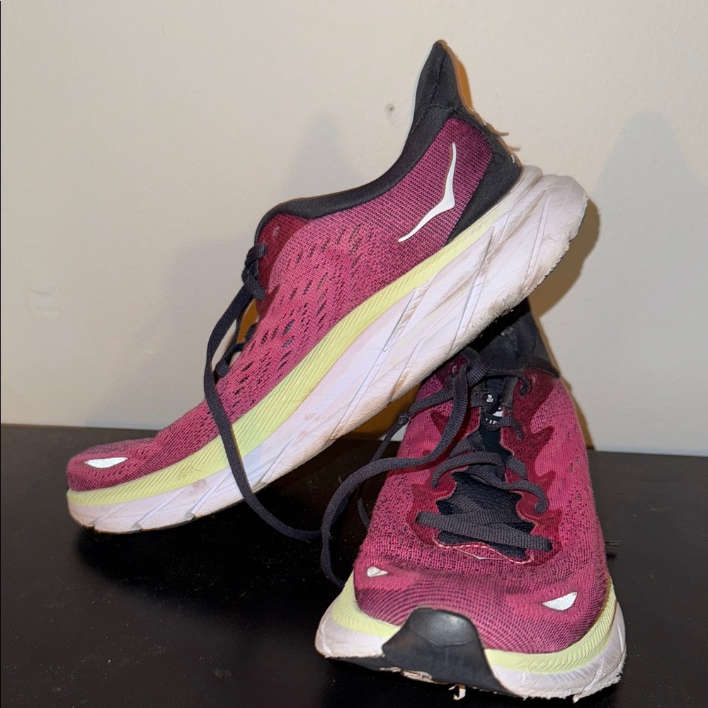 Hoka Women's Berry and Black Athletic Shoes well worn. Clifton 8 - Picture 3 of 5
